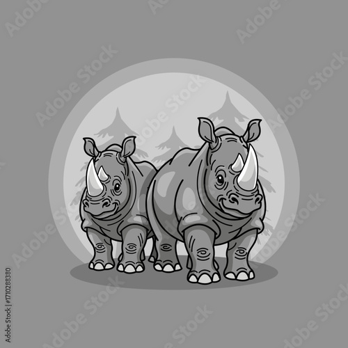 Illustration of two rhinos standing proudly in a circle frame on a gray background. Perfect for celebrating World Rhino Day on September 22nd.