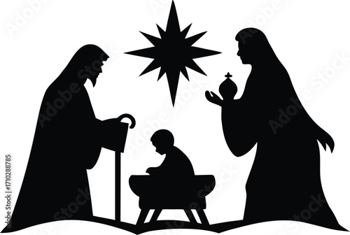 baby Jesus in the manger with Mary and Joseph silhouette vector illustration