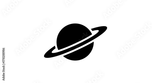 Black and White Planet Icon with Ring Illustration.