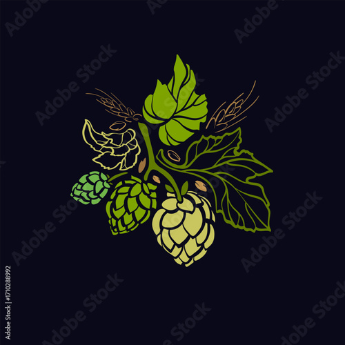 Hop cone, barley ear emblem. Silhouette of branch