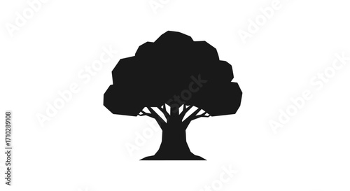 Simple black silhouette of a large deciduous tree with a full canopy.