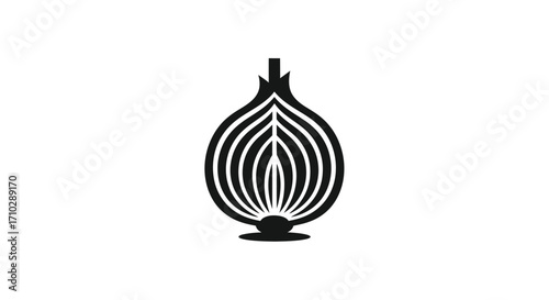 Stylized black onion half with layered lines on a white background.
