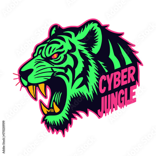 Roaring neon tiger head with Cyber Jungle text, fierce digital art for gaming and esports