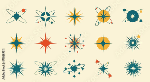 A collection of stylized star and celestial body illustrations arranged on a cream-colored background.