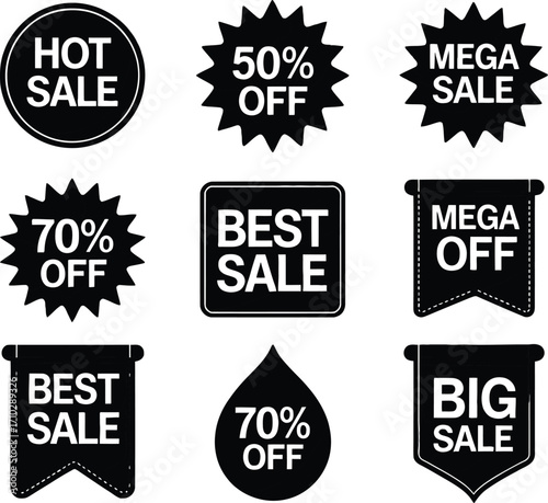 Collection of black sale and discount badges for promotions and marketing.
