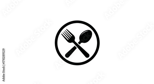 Restaurant symbol featuring a fork and spoon inside a circle design.