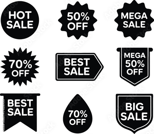 Collection of black and white sale badges and stickers offering discounts and promotions