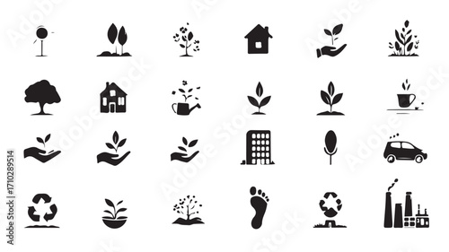 Collection of environmental and sustainability icons in black and white simple vector design