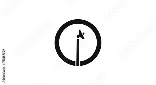 Simple black and white illustration of a satellite dish inside a circle.