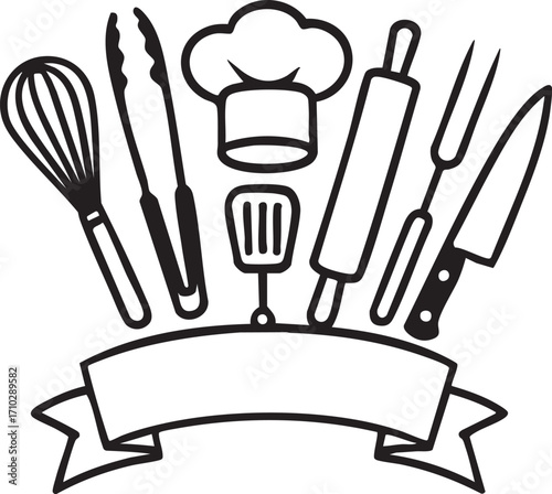 Black and white chef-themed vector with kitchen utensils, chef’s hat, and blank ribbon banner for culinary branding and design
