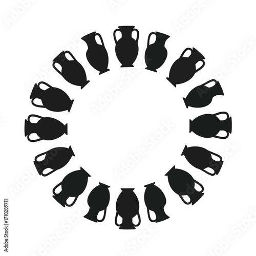 Circular frame of ancient Greek amphorae silhouettes.