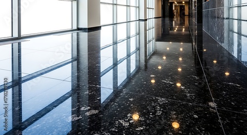 Modern Office Corridor with Polished Stone Floor.