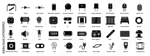 collection of black electronic component vector icons including resistor diode capacitor transistor relay transformer sensor battery switch motor wire cable plug and more for circuit design