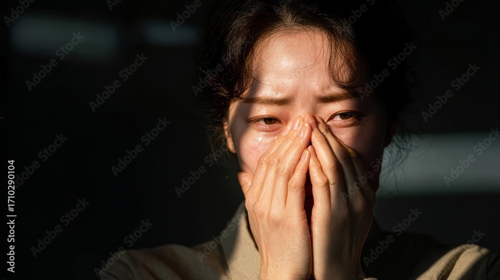custom made wallpaper toronto digitalEmotional asian female adult overwhelmed with tears in low light