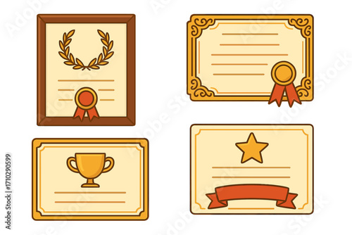 Vector set of certificate and award templates. Cartoon diploma collection for recognition of achievement and success. Includes trophy, star, laurel wreath, and seal icons.