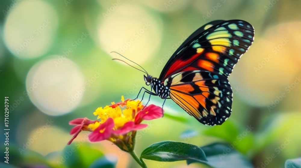 Fototapeta premium Vibrant butterfly perched on colorful flower in a lush garden during daylight