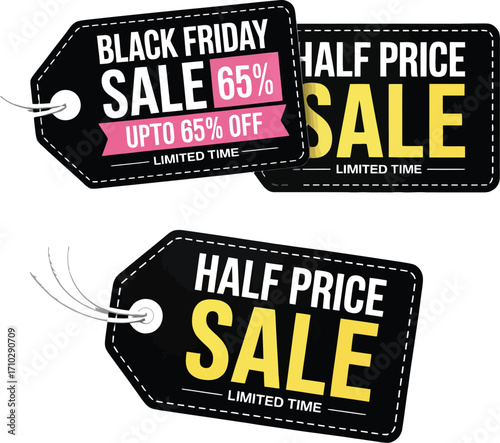 Black Friday and half price sale tags offering discounts, perfect for advertising limited time offers.