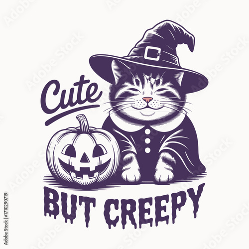 Cute But Creepy Halloween Cat Design, Cat in Witch Hat with Pumpkin, Spooky Halloween Graphic for Cat Lovers, Funny Witch Cat Shirt, Cute and Creepy Halloween Apparel