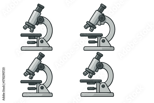 Microscope vector illustration set. Science, laboratory, education, research concept. Biology, chemistry, medical analysis tool. Scientific instrument cartoon icon collection.