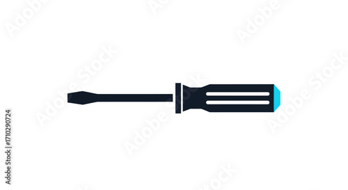 Flathead screwdriver with a black handle and blue accent, isolated on a white background.