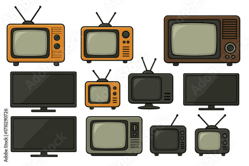 Collection of retro and modern television sets. Vector illustration of TV evolution from vintage tube to modern flat screen display. Old technology media broadcasting concept.