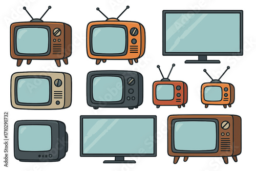 Vector cartoon illustration set of vintage, retro, and modern televisions. Collection of old CRT TVs and new flat screen monitors. Media entertainment technology icons.