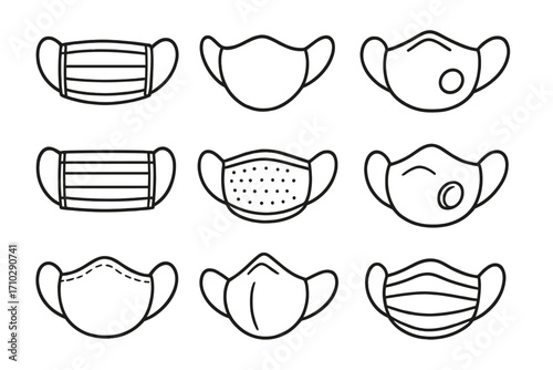 Face mask line icon set. Medical and surgical masks, respirator collection. Vector illustration for protection from virus, dust, pollution. Health care, pandemic safety symbol.