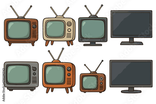 Set of retro and modern television. Vintage TV collection with antenna. Old classic electronic receiver and new flat screen monitor display. Vector cartoon illustration isolated.