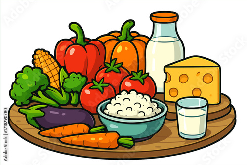 Healthy food collection with fresh vegetables and dairy products. Balanced diet concept with cartoon vector illustration of groceries. Nutrition, vitamins, and organic farm food.