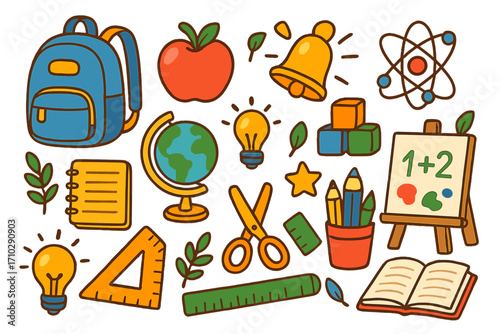 Back to school doodle icon set. Colorful cartoon vector collection of education and learning symbols. School supplies like backpack, book, globe, pencil, and science icons.