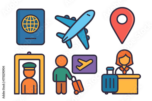 Colorful travel icon set for airport and tourism. Vector cartoon illustration of passport, airplane, location pin, customs control, passenger with luggage, and check-in desk.