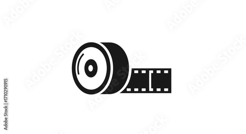Monochrome vector icon of an unspooling camera film roll.