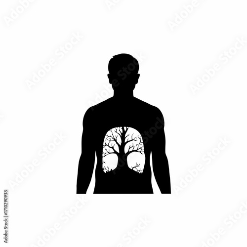 Silhouette of a tree growing inside a human torso representing organ donation life isolated on white background