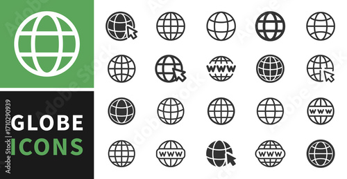 Globe icon set. Go to web symbol icon. Collection www symbol, Web icon, website, homepage icon set, earth clip art, globe symbol. Globe with arrow. Editable stroke. Vector illustration.