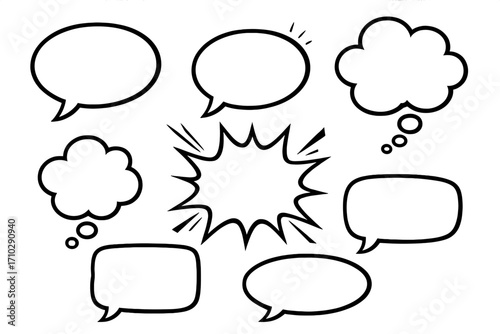 Vector set of comic book speech bubbles, thought clouds, and explosion shapes. Hand-drawn cartoon illustration for dialogue, communication, messages, and creative pop art design.