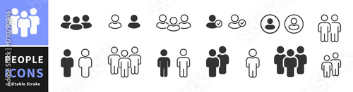 People, human, person thin line icon set. Editable stroke. Containing participants, group, team, organization, community, population, audience, member. Line and glyph user avatar. Vector illustration