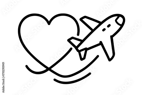 Love travel concept icon. Airplane flying in heart shape path line art. Aviation symbol for vacation, journey, holiday or honeymoon trip. Flight route with heart. Vector logo.