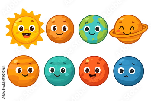 Cute cartoon solar system planets characters set. Kawaii space illustration with sun, earth, saturn and other planets for kids. Astronomy vector collection with happy faces.