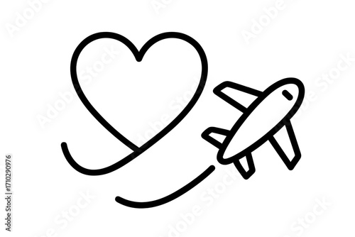 Love to travel concept. Airplane line path in heart shape. Flight route with heart. Vector icon for romantic journey, vacation, honeymoon. Air travel symbol. Tourism.