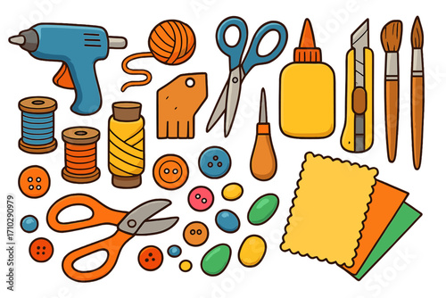 Crafting tools and materials set. DIY hobby vector cartoon illustration. Handmade creative supplies collection with glue gun, scissors, thread, buttons, yarn, cutter, and paper.