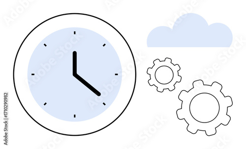 Minimalist clock with gears and a cloud symbol emphasizing productivity, time management, cloud computing, workflow, system optimization, innovation, and efficiency. Ideal for simple landing page