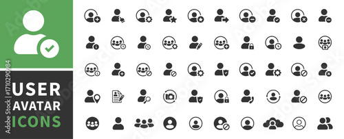 User profile icon set. Containing password, login, username, avatar, connect, add friend, people, change photos, settings. User account ui web button. Icons for web, mobile, user interface design.