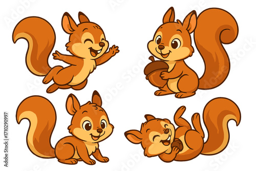 Cute cartoon squirrel character set. Funny forest animal mascot collection in various poses. Adorable baby squirrels playing, holding an acorn. Vector clip art illustration.