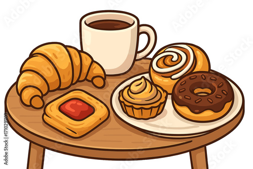 Breakfast pastry and coffee vector cartoon illustration. Bakery food set with croissant, donut, cinnamon roll, bun and cake on a table for a cafe menu or coffee break.
