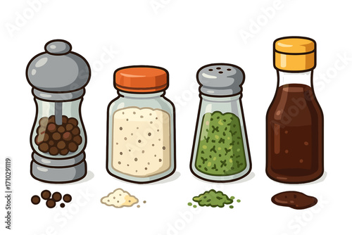 Vector cartoon illustration set of seasoning containers. Kitchen condiments collection with pepper mill, salt shaker, herb spice jar, and soy sauce bottle. Food ingredients.