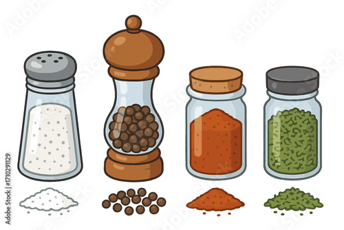 Seasoning and spices vector icon set. Cartoon salt shaker, pepper mill, and jars with paprika and herbs. Cooking ingredients for the kitchen isolated for food design.