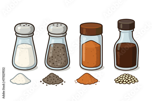Vector cartoon icon set of cooking condiments. Salt and pepper shaker, paprika powder, soy sauce bottle and sesame seeds. Food seasoning ingredients illustration isolated.
