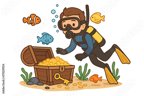 Scuba diver discovering a treasure chest full of gold coins on the ocean floor. Underwater adventure scene with tropical fish. Vector cartoon illustration of a sea discovery.