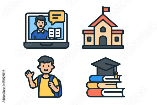 Educational icon set for online learning and digital education. Vector concepts for e-learning, webinar, school, university, student, and graduation knowledge.