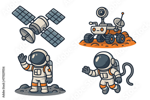 Space exploration cartoon icon set with astronaut, Mars rover, and satellite. Vector illustrations for science and technology. Spaceman on a mission, space discovery concept.